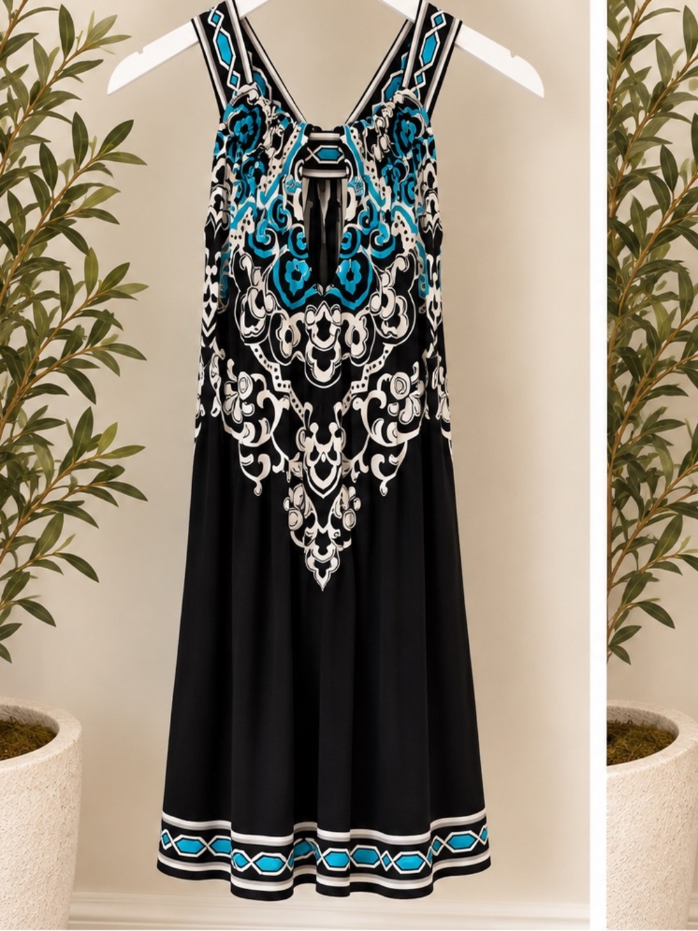 White House Black Market Black Teal Print Keyhole Dress Size L